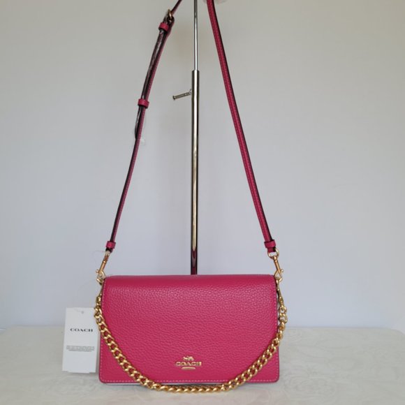 COACH Anna Pebbled Leather Foldover Clutch Crossbody With Chain- Bold Pink🎈$158 - Picture 5 of 16